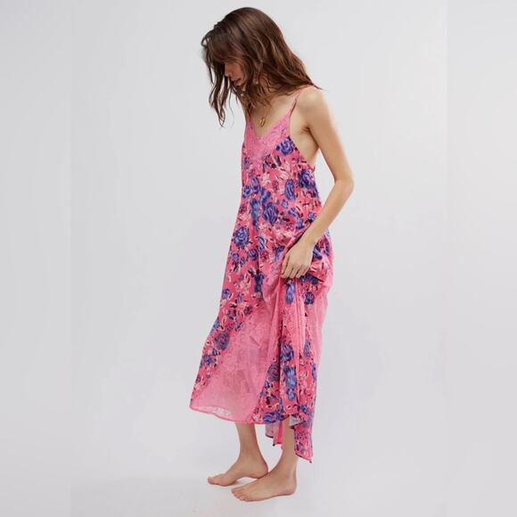 Free People First Date Maxi Slip Dress Sweet Pink Combo XS - Picture 1 of 8